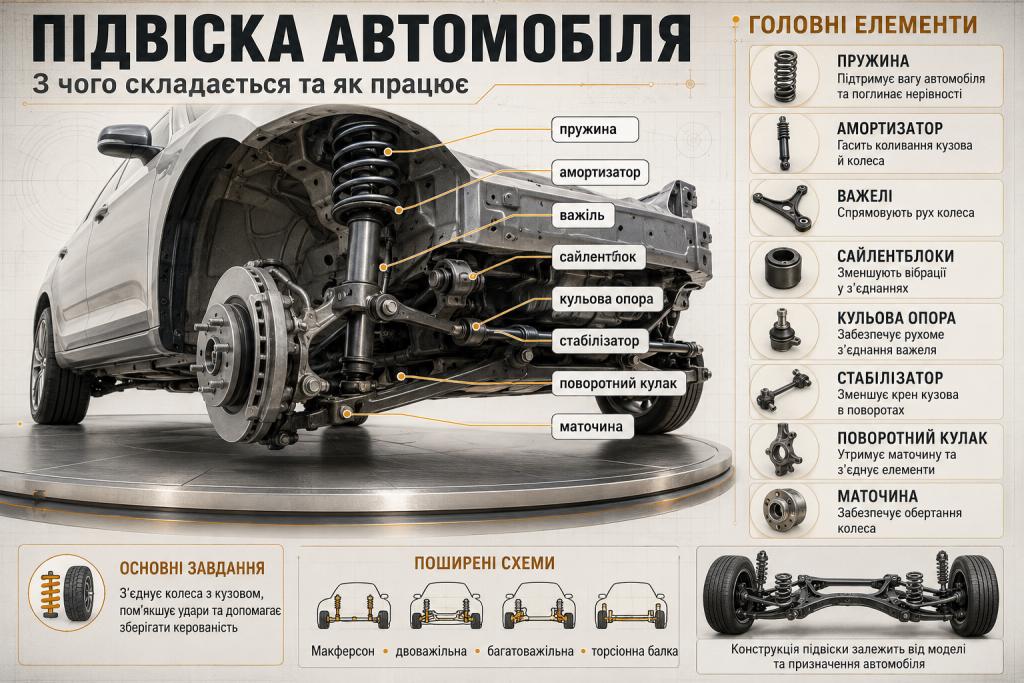 Інфографіка будови автомобільної підвіски з пружиною, амортизатором, важелями, сайлентблоками, стабілізатором, маточиною та іншими елементами.