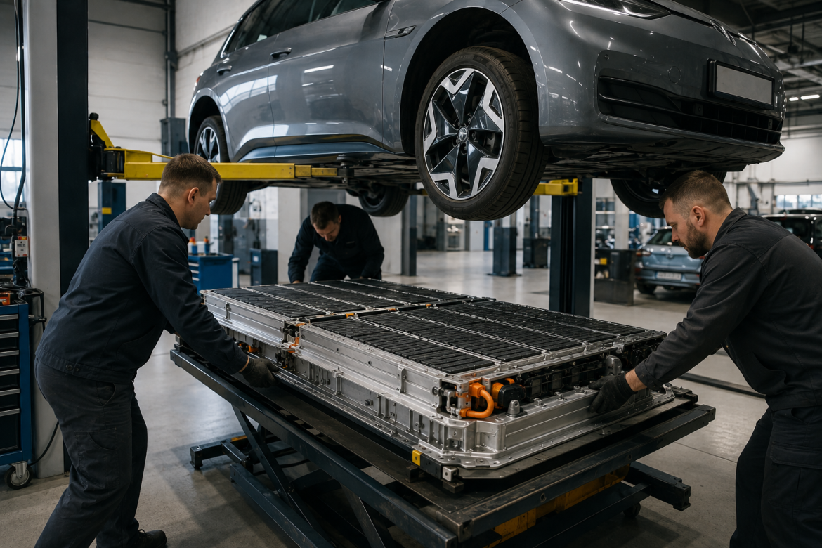 Автомеханіки обслуговують тягову батарею електромобіля в автосервісі