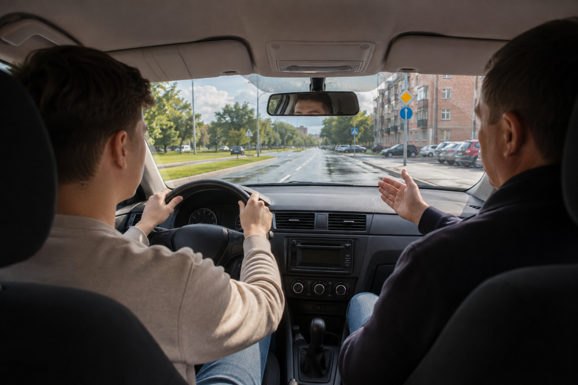 Учень за кермом навчального автомобіля проходить практичне заняття з водіння разом з інструктором на міській дорозі