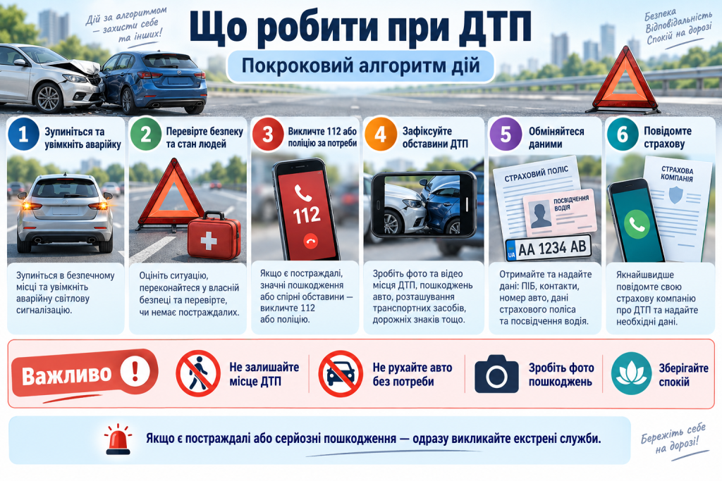 Інфографіка з покроковим алгоритмом дій при ДТП: безпека, виклик екстрених служб, фото місця аварії, обмін даними та повідомлення страхової.