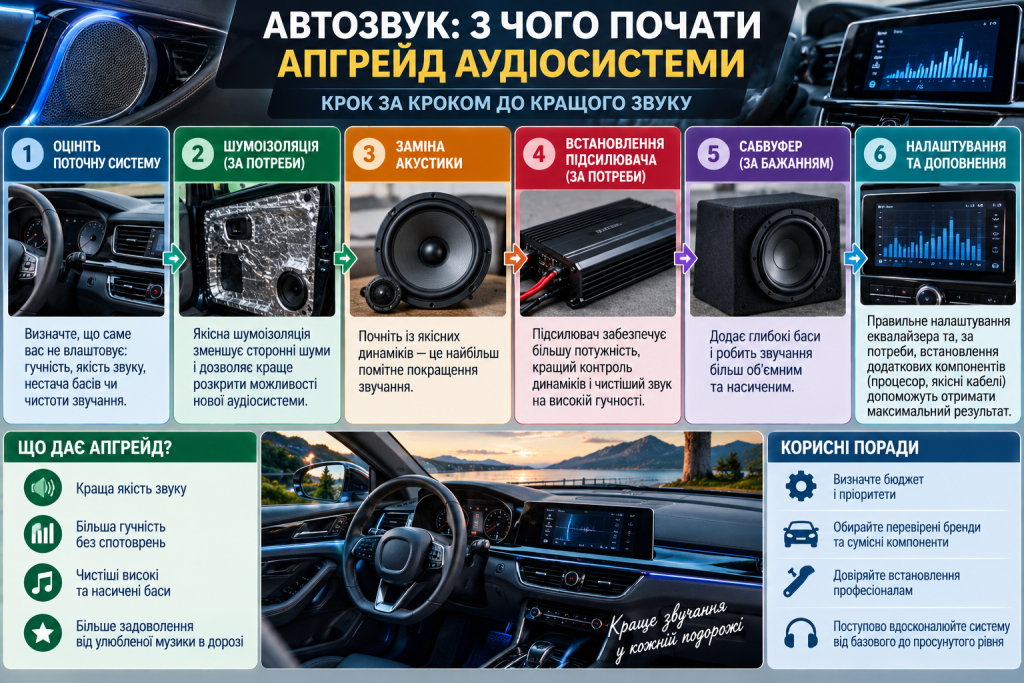 Інфографіка про основні етапи модернізації автозвуку, заміну акустики, шумоізоляцію, підсилювач і сабвуфер