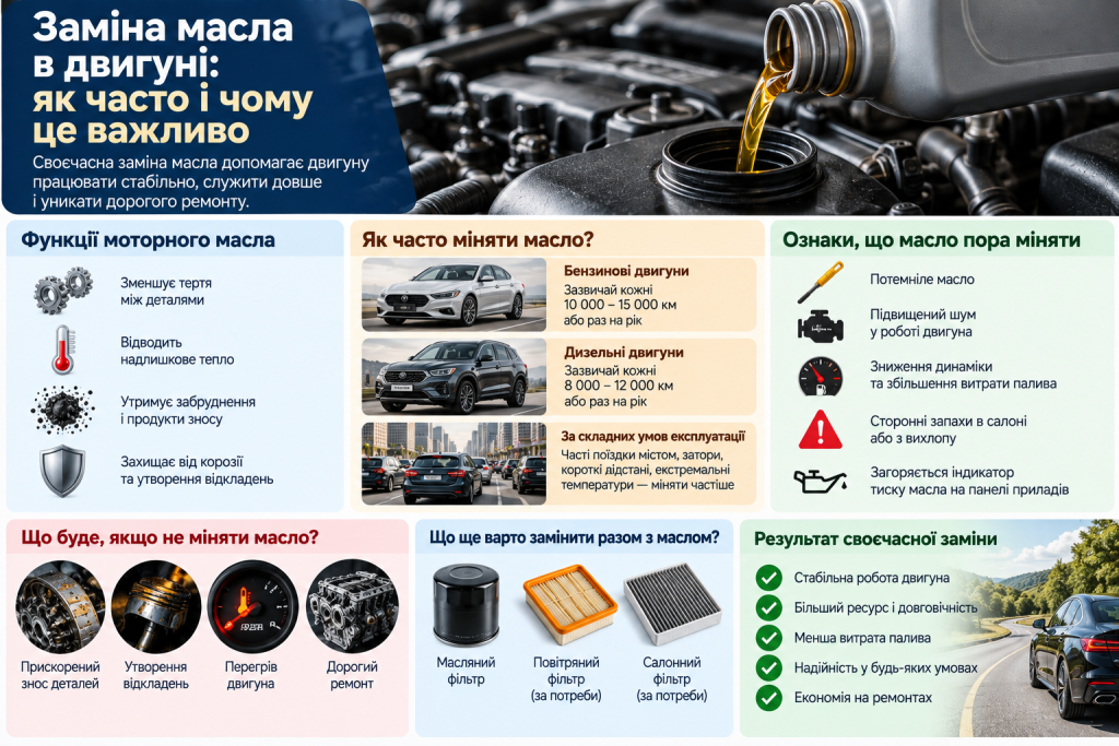 Інфографіка про заміну моторного масла, інтервали обслуговування, ознаки зношення та наслідки несвоєчасної заміни