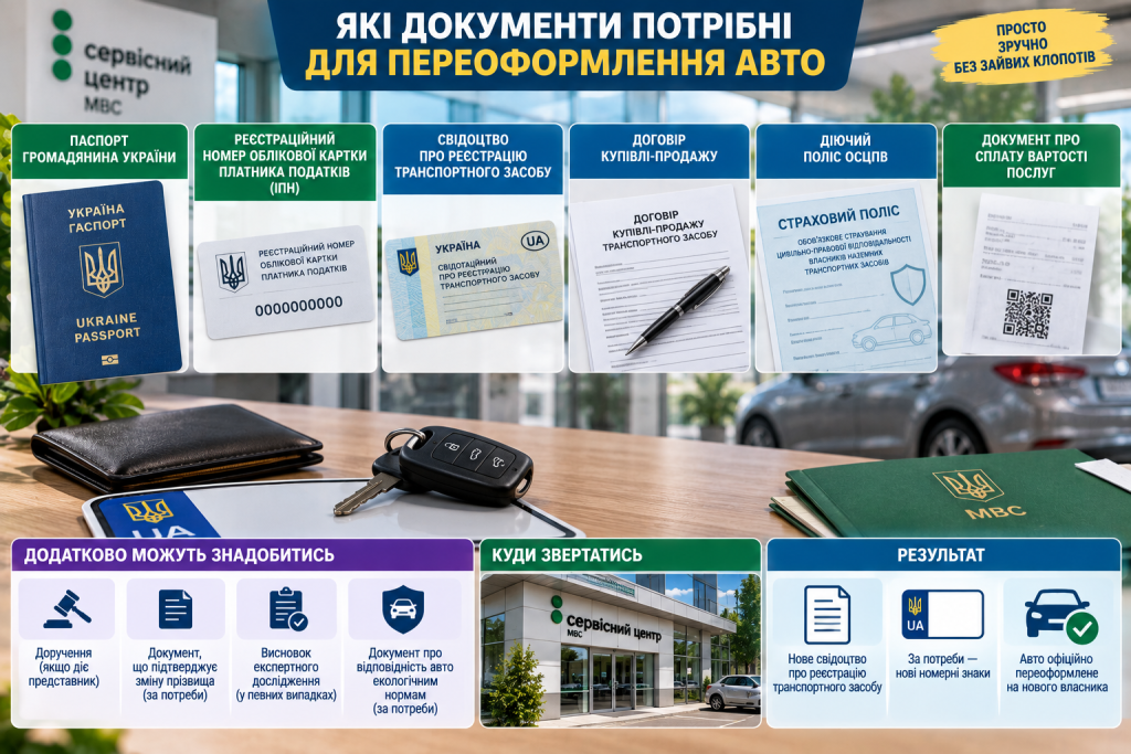 Інфографіка з переліком документів для переоформлення авто в сервісному центрі МВС України