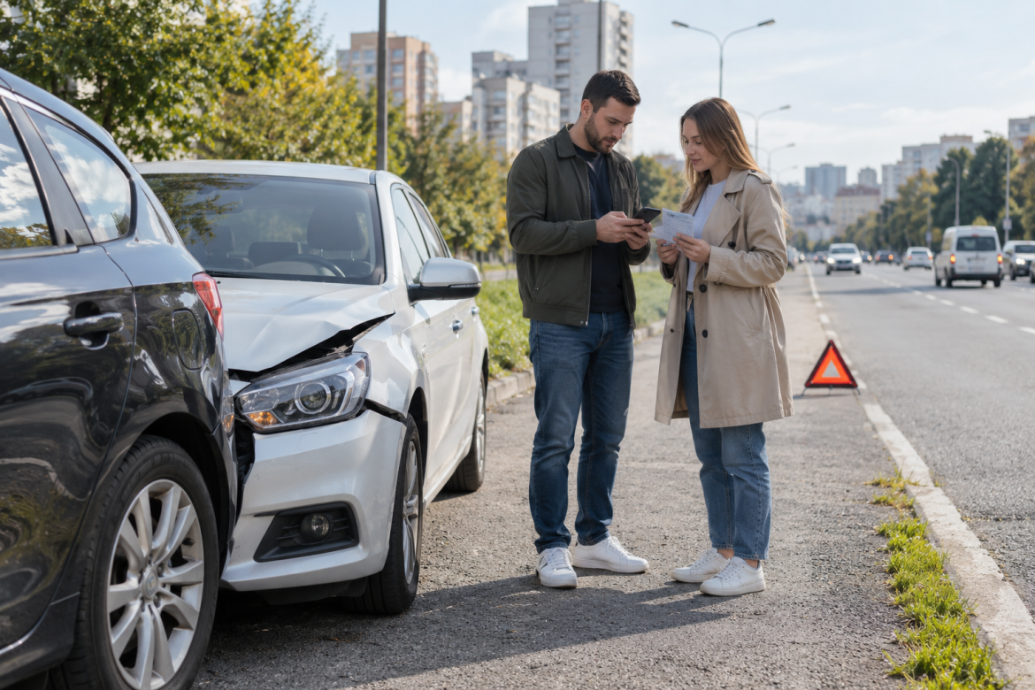 Водії біля пошкоджених автомобілів після ДТП обмінюються даними та фіксують обставини дорожньої аварії.
