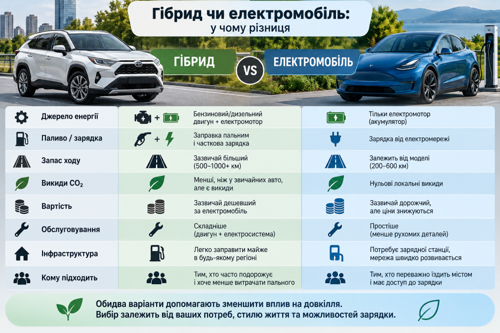 Інфографіка з порівнянням гібридного автомобіля та електромобіля за запасом ходу, зарядкою, викидами, вартістю та обслуговуванням.