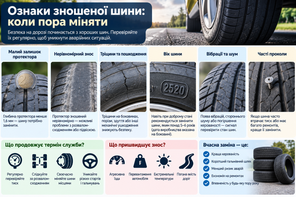 Інфографіка про ознаки зношення шин, малу глибину протектора, тріщини, нерівномірний знос і проколи