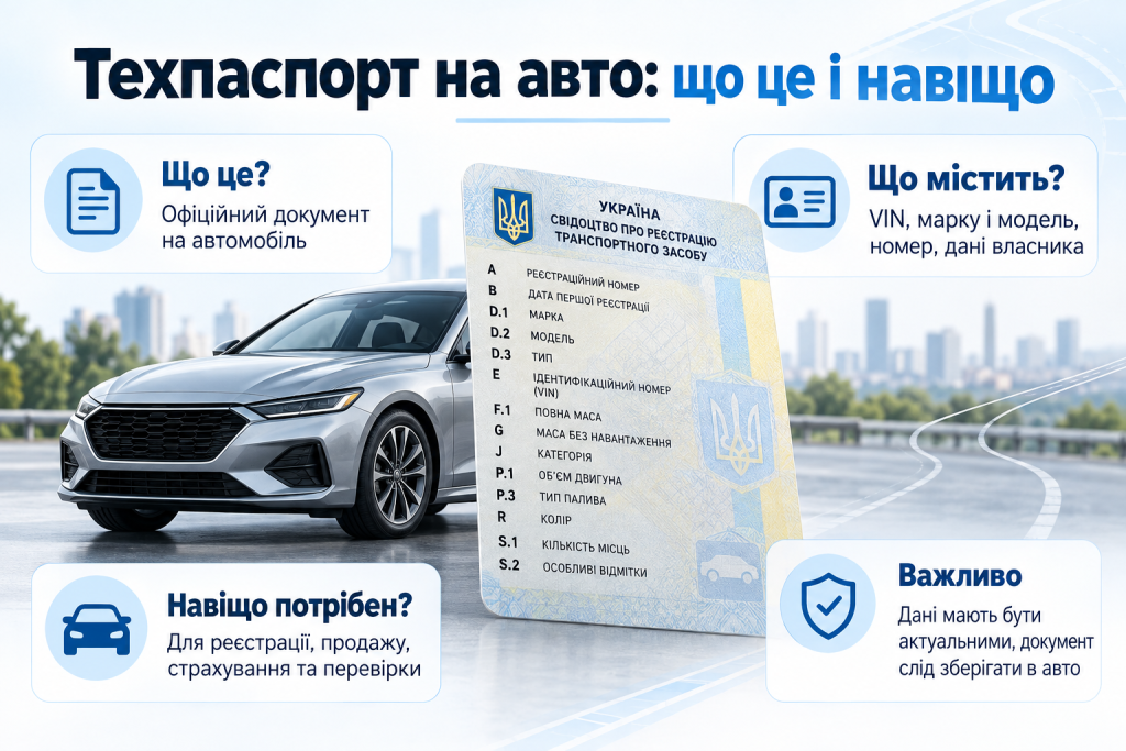 Інфографіка про технічний паспорт автомобіля в Україні, основні дані свідоцтва про реєстрацію транспортного засобу та його призначення.