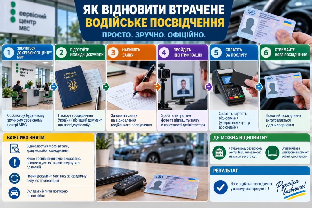 Інфографіка з покроковою інструкцією відновлення втраченого водійського посвідчення через сервісний центр МВС