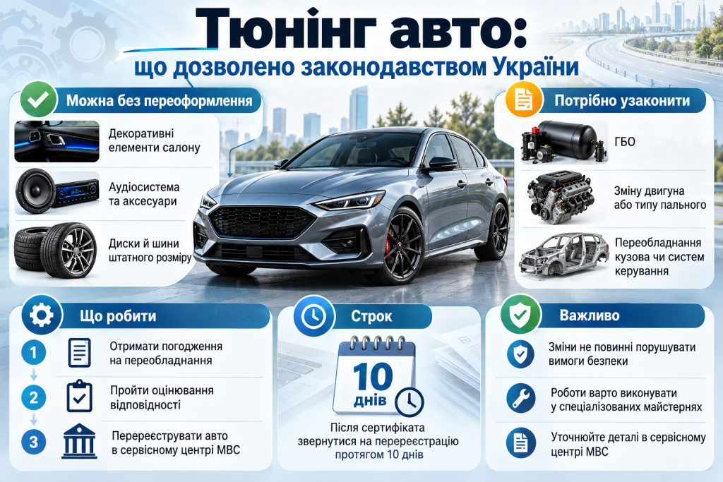 Інфографіка про дозволений тюнінг автомобіля в Україні, зміни, які не потребують переоформлення, та переобладнання, що вимагає офіційного погодження.
